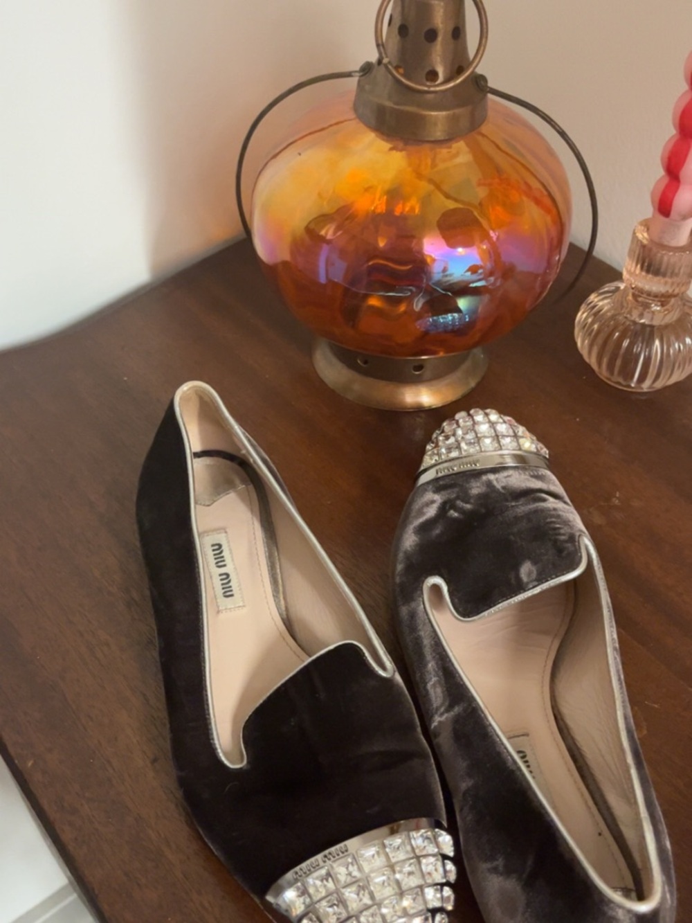 Miu Miu Charcoal Velvet Loafers with Crystal Toe Caps